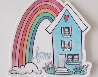 Blue House with Rainbow Vinyl Sticker for Laptops Planners Water Bottles, Home with Muted Pastel Colors