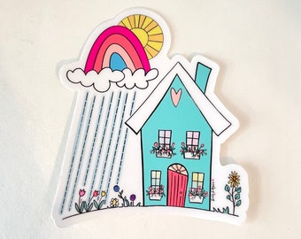 Blue House with Sunshine and Rainbow Vinyl Sticker, Sticker for laptops, water bottles, journals, and more