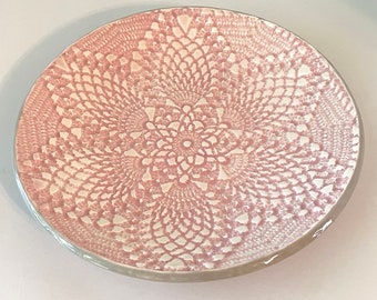 Blush Pink with Taupe Gray Edge Lace textured Ceramic Bowl, Hand-built Decorative Textured Clay Dish, 7 inch Clay Bowl Ready to Ship