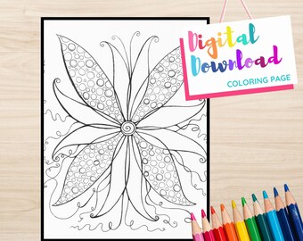 Digital Download Flower Coloring Page, Printable Drawing Flower Shape Drawing, Flower Outline,  Butterfly flower outline Doodle Print