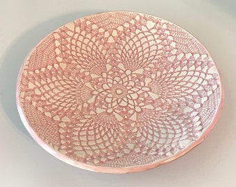 Blush Pink and Taupe Gray Lace textured Ceramic Bowl, Hand-built Decorative Textured Clay Dish, 7 inch Clay Bowl Ready to Ship