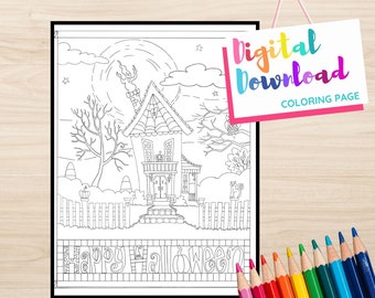 Happy Halloween Haunted House Design Printable Coloring page, Instant Download, Black and White Printable for Coloring