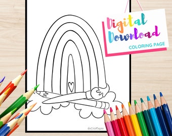 Rainbow with paintbrush Coloring Page Digital Download Printable, Line Drawing outline for Coloring Page