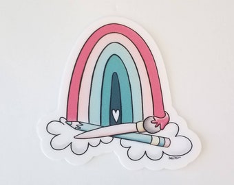 Muted Colored Rainbow with Paintbrush and Pencil Vinyl Sticker for Laptop Planner Water Bottle, Color the Rainbow Artist Rainbow
