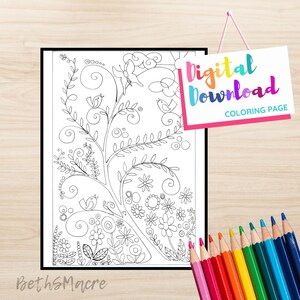 Druckbare Digital Download Malseite, Blumen und Natur Doodles, wunderliche Blumen Design Malseite, schwarz und weiß Druck