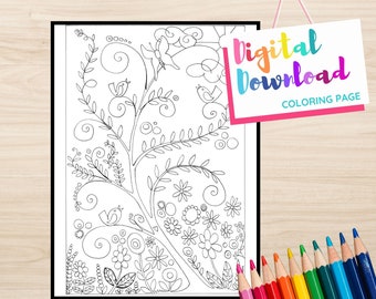 Printable Digital Download Coloring Page, Flowers and Nature Doodles, Whimsical Flower Design Coloring Page, Black and White Print