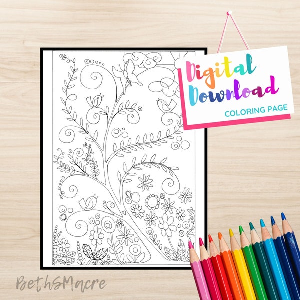 Printable Digital Download Coloring Page, Flowers and Nature Doodles, Whimsical Flower Design Coloring Page, Black and White Print