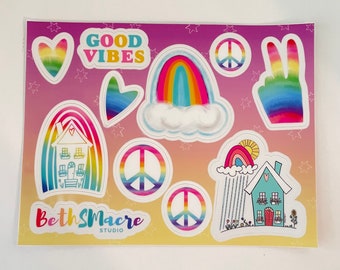 Peace Sign and Rainbow Theme Vinyl Sticker Sheet, Sticker for laptops, water bottles, journals, and more