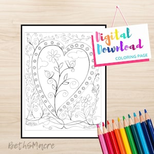 Digital Download Coloring Page with Birds and Hearts Drawing, Digital Doodle Print for coloring, Black and White Print