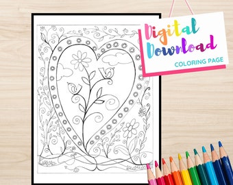 Digital Download Coloring Page with Birds and Hearts Drawing, Digital Doodle Print for coloring, Black and White Print