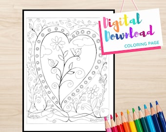 Digital Download Coloring Page with Birds and Hearts Drawing, Digital Doodle Print for coloring, Black and White Print