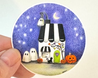 Halloween House Vinyl Sticker, fun whimsical ghosts, trick or treating illustration, Sticker for laptops, water bottles, journal