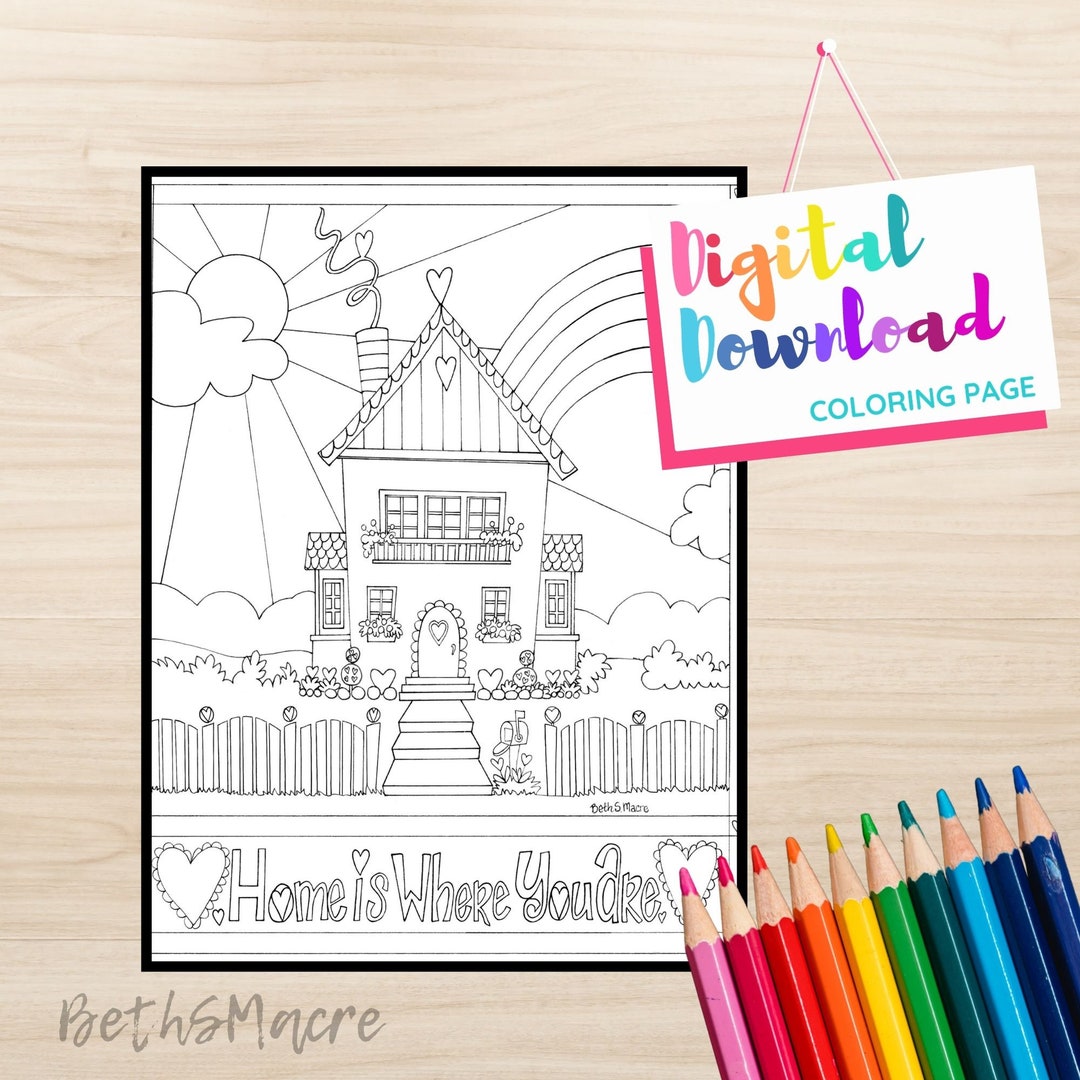 Heart House Coloring Page Digital Download, Home is Where You Are, House With Hearts Designs for ...