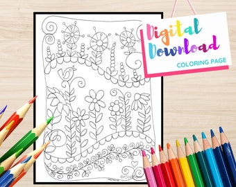 Whimsical Flower Garden with Bird Coloring Page Digital Download Printable, Line Drawing outline for Coloring Page