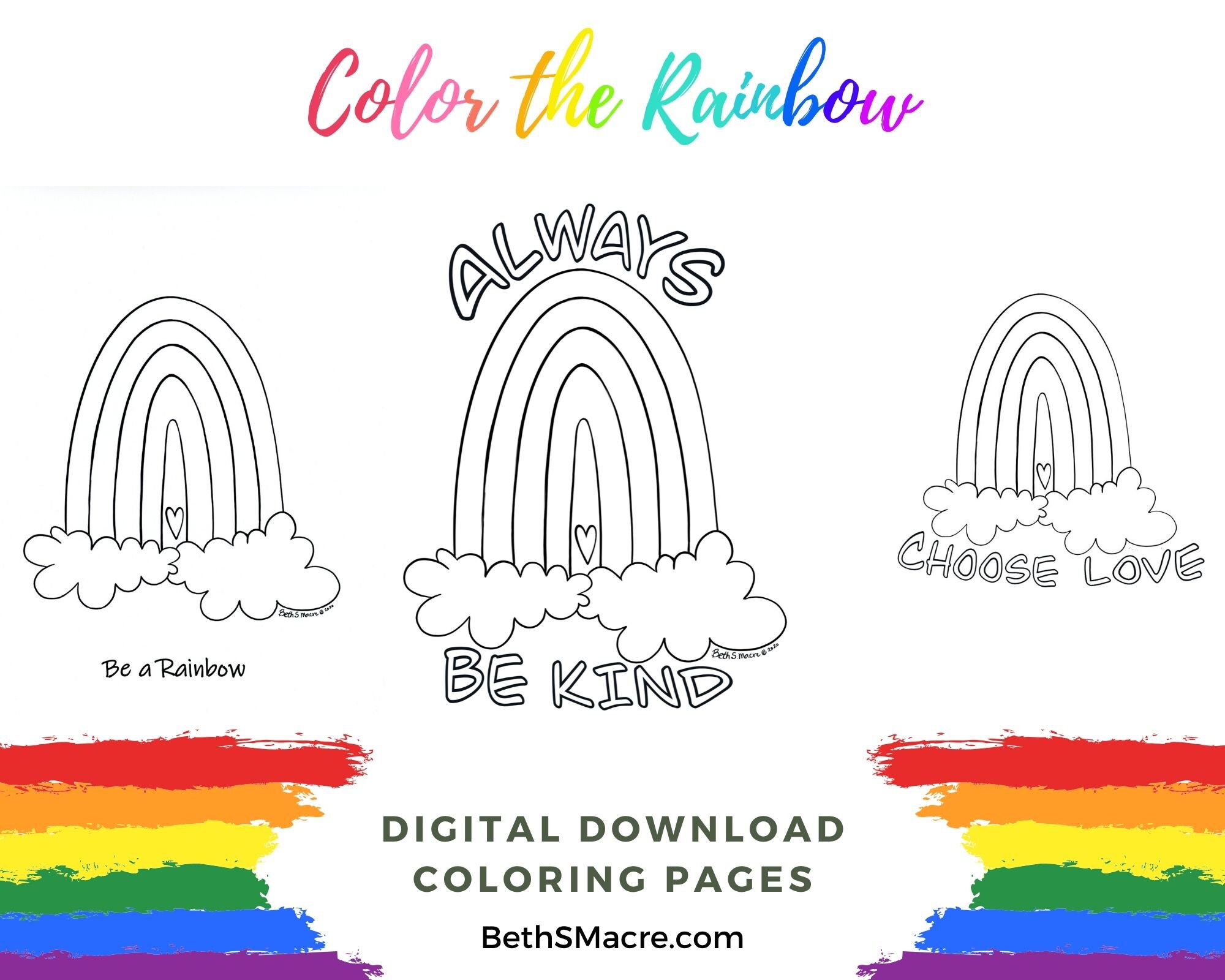 Rainbow Art Coloring Page Set of 3 Be A Rainbow Always Be | Etsy