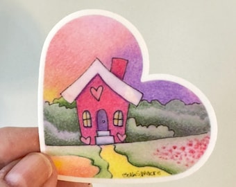 Art Heart Stickers whimsical landscape vinyl sticker, Sticker for laptops, water bottles, journal, made from original drawings