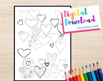 Printable Digital Print of Drawing Hearts, Digital Download, Adult Coloring Page, Variety of Heart Designs, Valentine Art