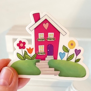 Pink Garden House Vinyl Sticker, Sticker for laptops, water bottles, journals, planners, floral design with pink house