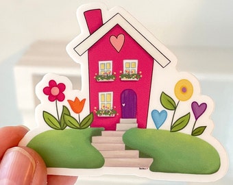 Pink Garden House Vinyl Sticker, Sticker for laptops, water bottles, journals, planners, floral design with pink house