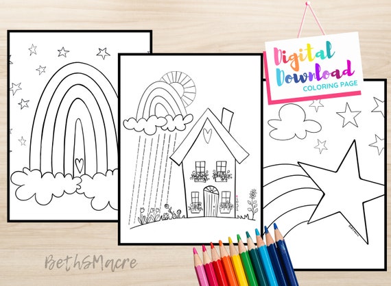 Sunshine and Rainbow House Coloring Page Set of 3 Digital