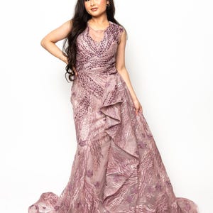 Elegant Mauve Beaded & Embroidered Gown – Luxury Evening Dress with Intricate Beading, Ruffle Design, Perfect for Special Occasions