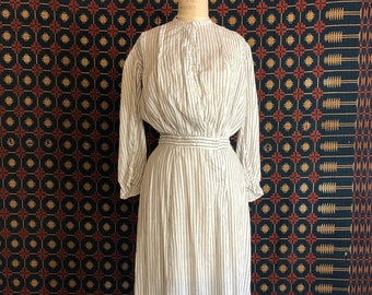 Antique Early 1900’s | 1910’s Edwardian White & Brown Striped Cotton Dress 25"