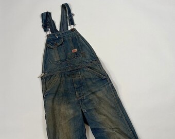 32 x 27 Vintage 1940's 8oz Sanforized donut wreath buttons Distressed Denim Holey Overalls pants