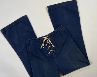 26 x 28 Vintage 1960's | 1970's Drawstring Faded Distressed Moleskin Bell Bottoms Pants