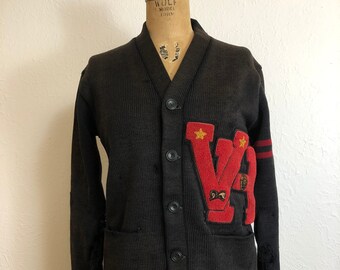 Vintage 50s 1950s Varsity Letterman Campus Wool Cardigan Sweater 