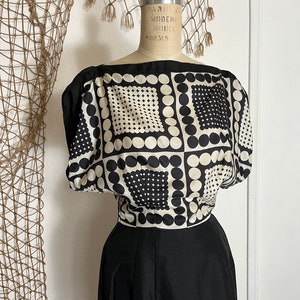 Vintage 1950&#39;s | 1960&#39;s Mr Charles Raw Silk Black & White Geometric Scarf Dress 25&quot; Waist