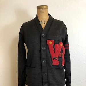 Vintage 1950's Distressed Black fadeed Wool Letterman Cardigan Sweater