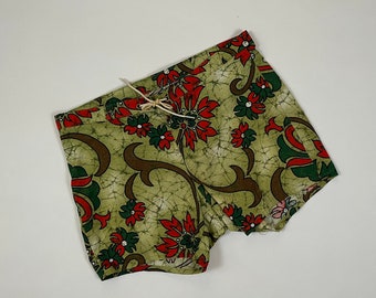 32" Vintage 1960's Hawaiian Green & Orange Floral Tie Beach Shorts