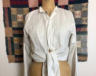 Camicia lunga a righe marroni in cotone edoardiano antica dei primi anni del 1900/1920, taglia M