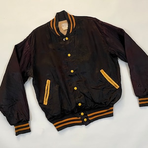 Vintage 1960&#39;s | 1970&#39;s  Felco New York Satin Discolored Black & Orange Snap Button 50&#39;s Jacket L