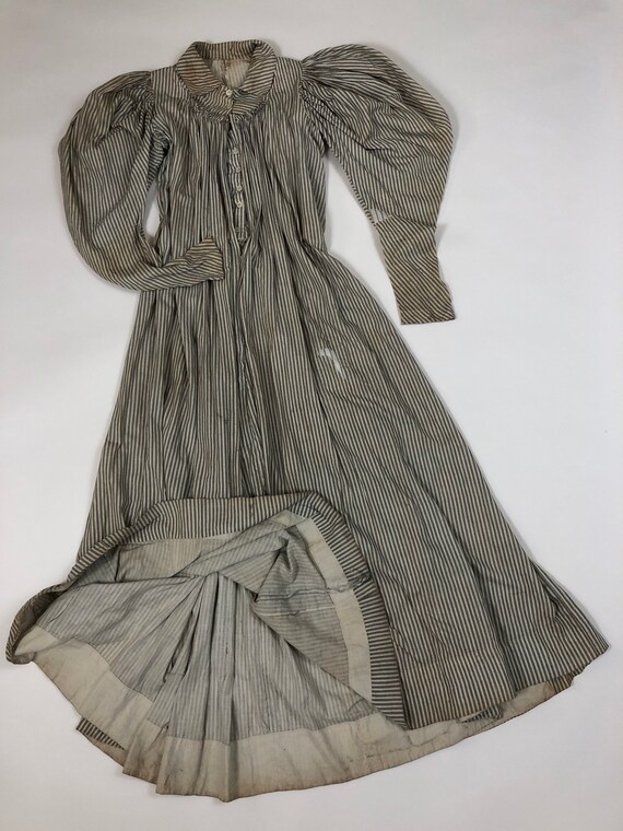 Antique Late 1800's Striped Cotton Wrapper Dress M