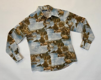 Vintage 1970's Afternoon at Como Italy Picture Euro Pointed Collared Disco Shirt M/L