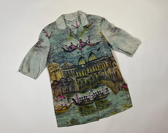 Vintage 1950's | 60's Venetian Scene Art Painted Print Loop Collar Lady Lois Blouse S/M