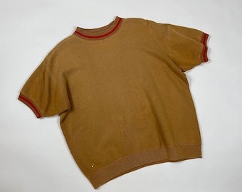 Vintage 1960's Two Tone Short Sleeve Dijon & Red Cotton Distressed Sweatshirt M/L