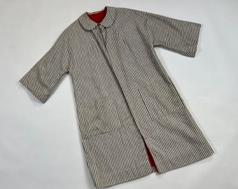 Vintage 1960's Antique French Striped Ticking Reversible Homemade Collared Over Coat M/L