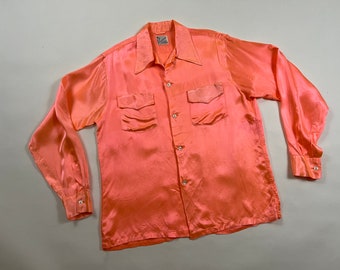 Vintage 1950's Grosdale Sportswear Day Glo Satin Orange Pink Rockabilly Western Loop Collar Shirt M 15-15.5