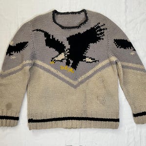 Vintage 1950 Adler Distressed Wolle Hand stricken Repariert verflixt Pullover Pullover L / XL