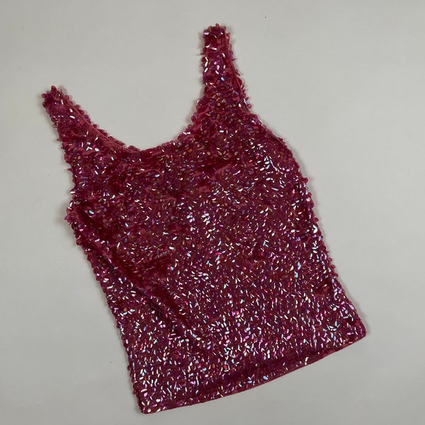 Vintage 1960's Jo-Ro Imports Barbie Pink Payette Sequin Sleeveless blouse Mermaid top S/M