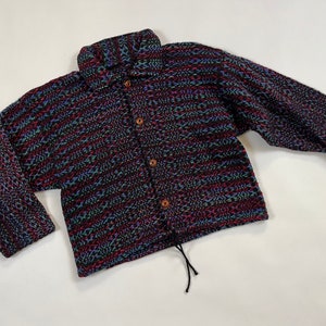 Vintage 1990&#39;s Hand-Woven Ooak Cropped Colorful Drawstring Wool Jacket M