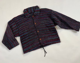 Vintage 1990's Hand-Woven Ooak Cropped Colorful Drawstring Wool Jacket M