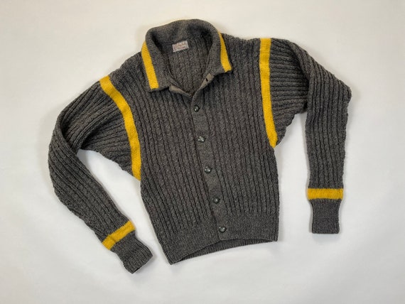 Vintage Handmade Collared Cardigan Yellow & Gray … - image 1