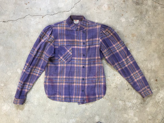 1970s Prairie Revival Plaid Cotton Blouse S