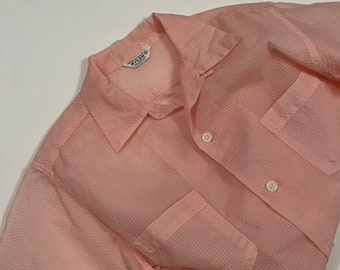 Vintage 1950's | 1960's Pink DuPont Semi Sheer Nylon Textured Loop Collar Rockabilly Shirt M