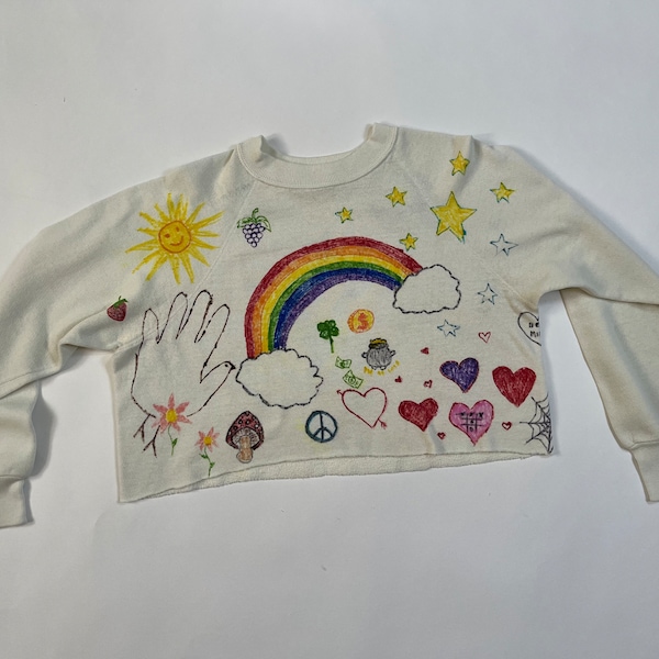 Vintage 1980's OOAK Hand Drawn Children's Art inspired Halloween Xmas Holiday Rainbow Cropped Stars Hearts Sweatshirt S/M/L