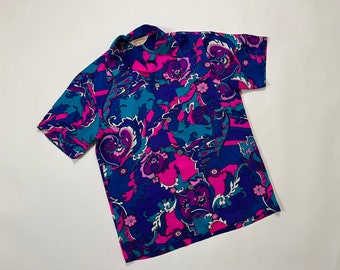 Vintage 1960's Royal Hawaiian Psychedelic Tiki Aloha Floral Loop Collar Mod Hippie Shirt M