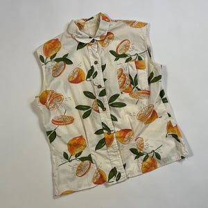 Vintage 1950&#39;s Citrus Novelty Print Cotton One Pocket Rockabilly Sleeveless Shirt S/M
